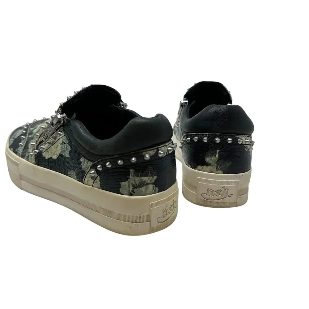 Ash Jasmin‎ Platform Sneakers Leather Floral Studded Black Blue Size 38 US 7.5 8